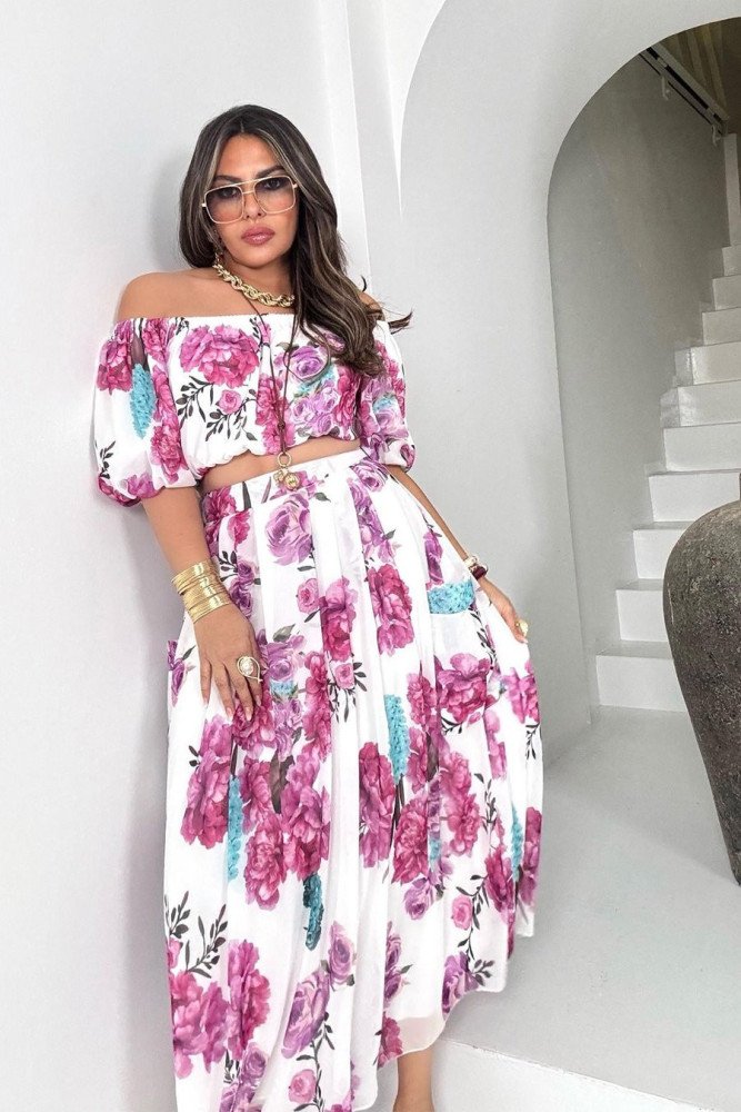 Şifon Madonna Yaka Crop Etek Takım