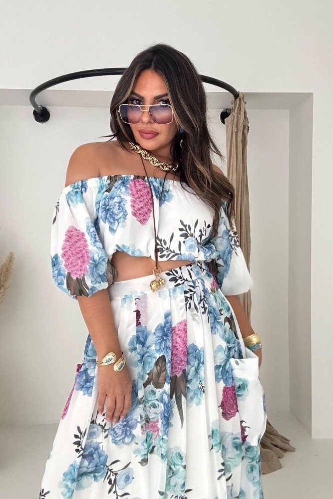 Şifon Madonna Yaka Crop Etek Takım