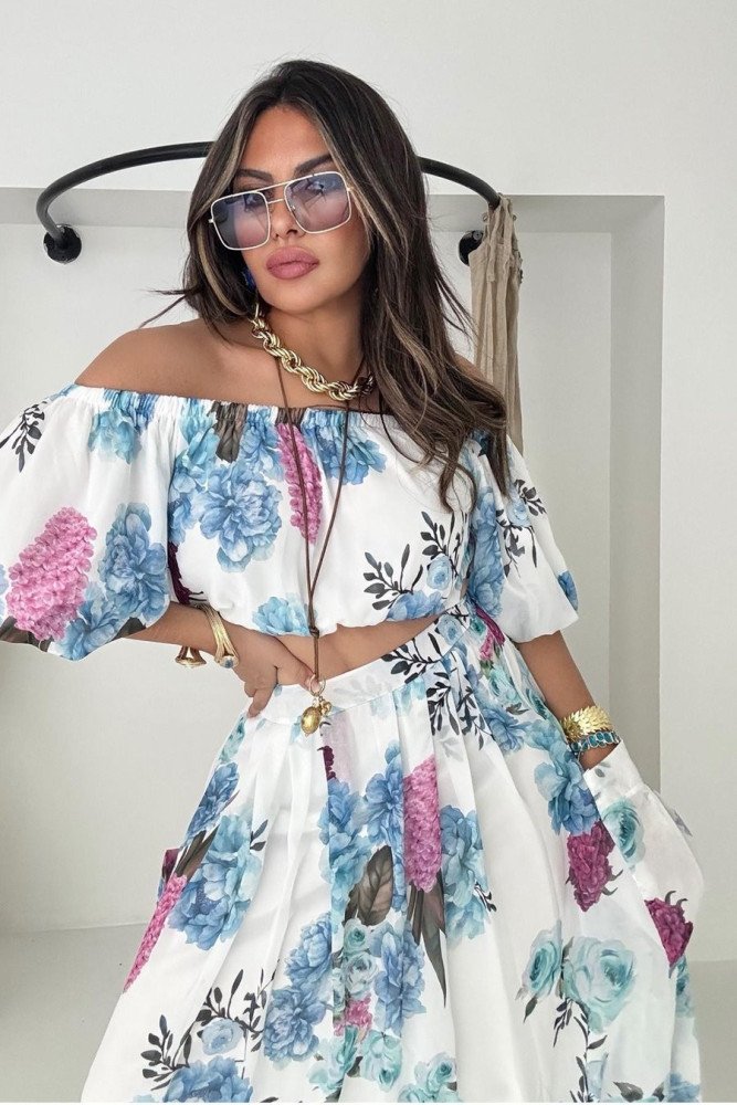 Şifon Madonna Yaka Crop Etek Takım