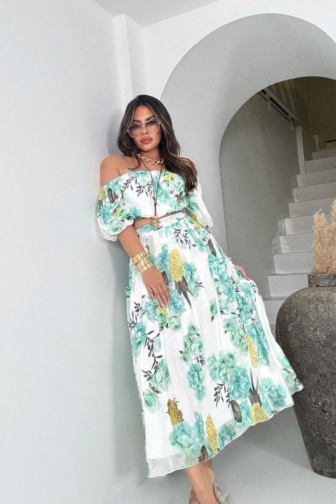 Şifon Madonna Yaka Crop Etek Takım