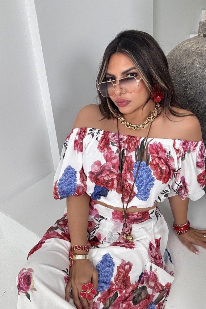 Şifon Madonna Yaka Crop Etek Takım