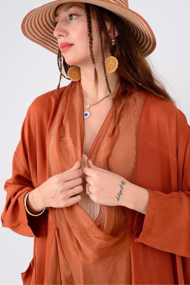 Kiremit Italyan İpek Detaylı Oversize Kap Bluz Wes Pantolon Takım