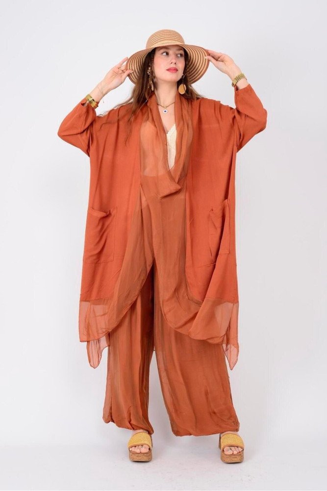 Kiremit Italyan İpek Detaylı Oversize Kap Bluz Wes Pantolon Takım