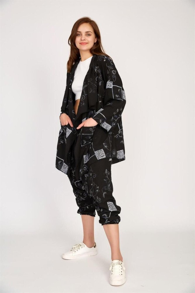 Bej Boho Şalvar Asimetrik Ceket Pantolon Takım