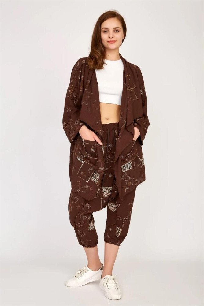 Bej Boho Şalvar Asimetrik Ceket Pantolon Takım