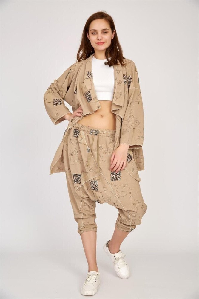 Bej Boho Şalvar Asimetrik Ceket Pantolon Takım