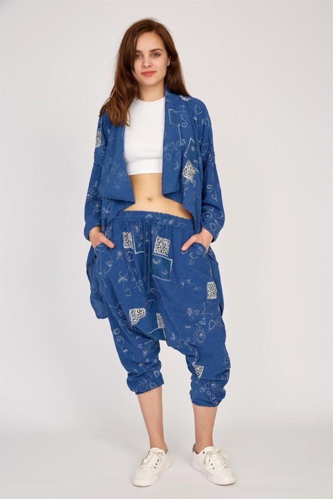 Bej Boho Şalvar Asimetrik Ceket Pantolon Takım