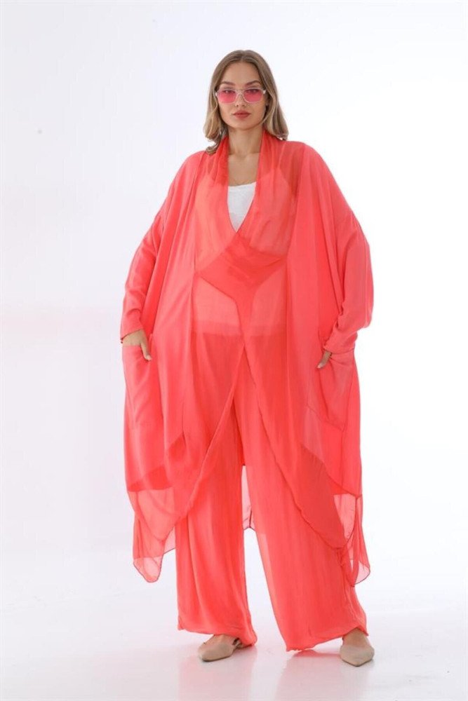 Zümrüt Yeşili Italyan İpek Detaylı Oversize Kap Bluz Wes Pantolon Takım