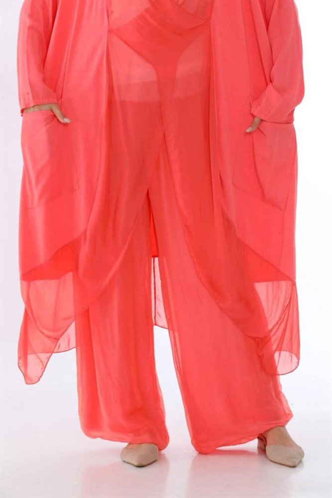 Zümrüt Yeşili Italyan İpek Detaylı Oversize Kap Bluz Wes Pantolon Takım