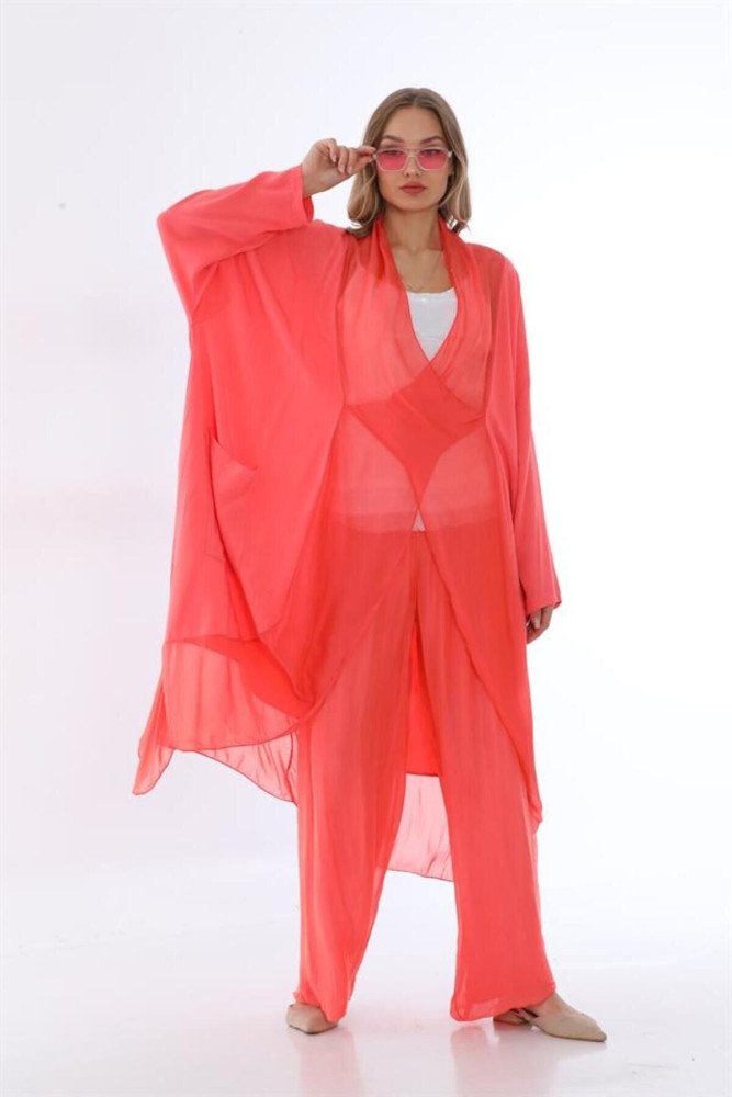 Zümrüt Yeşili Italyan İpek Detaylı Oversize Kap Bluz Wes Pantolon Takım