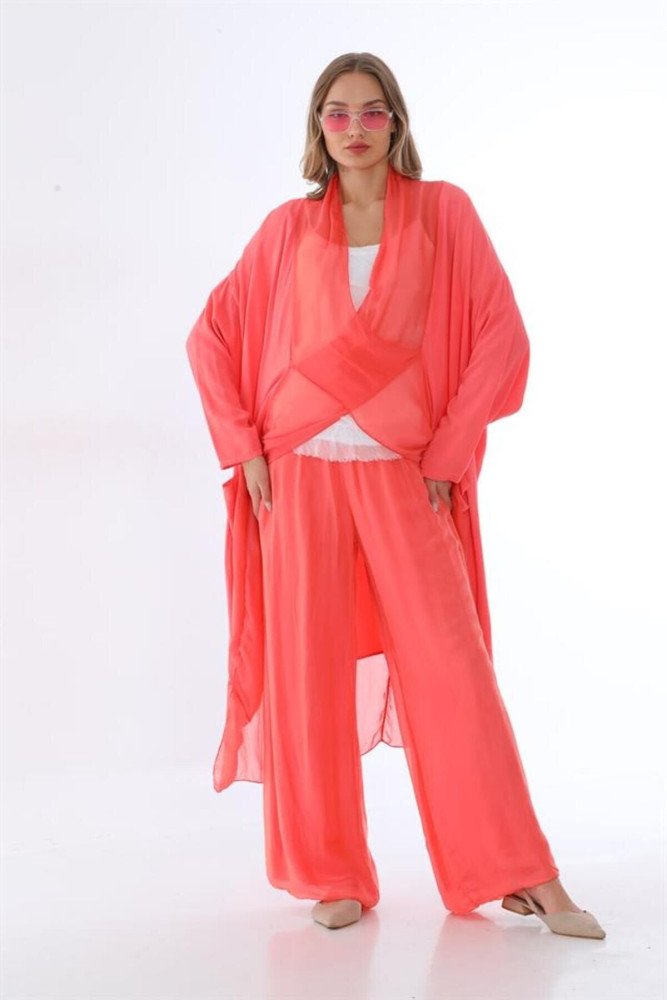 Zümrüt Yeşili Italyan İpek Detaylı Oversize Kap Bluz Wes Pantolon Takım