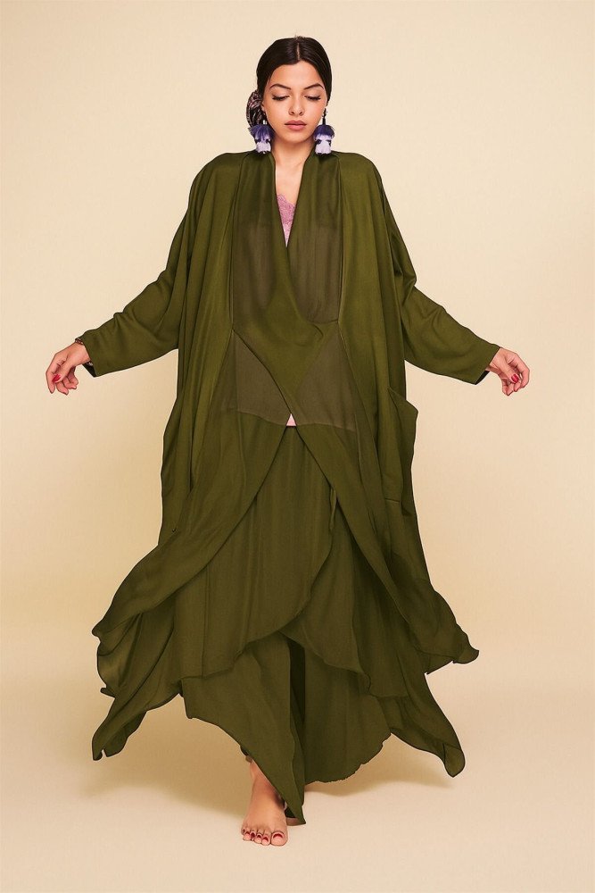 Haki Italyan İpek Detaylı Oversize Sonsuzluk Kaftan Bluz Asimetrik Pantolon İkili Takım