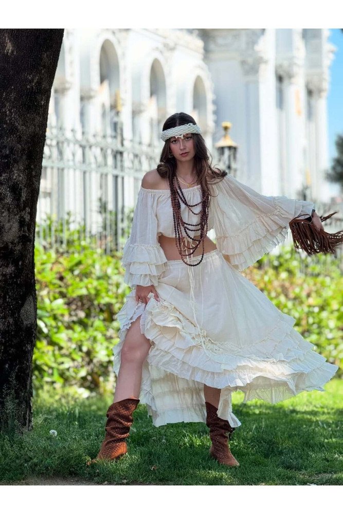 Renkli Bohem Gypsy Fırfırlı Ispanyol Kol Straplez Bluz Etek İkili Takım