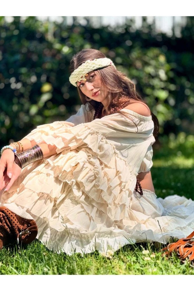 Renkli Bohem Gypsy Fırfırlı Ispanyol Kol Straplez Bluz Etek İkili Takım