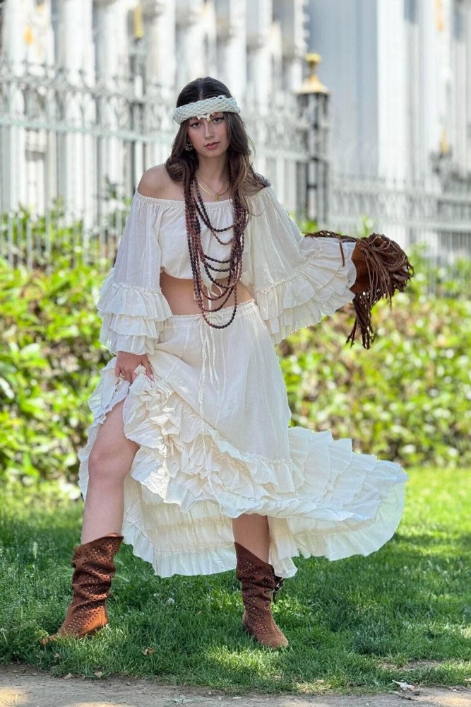 Renkli Bohem Gypsy Fırfırlı Ispanyol Kol Straplez Bluz Etek İkili Takım