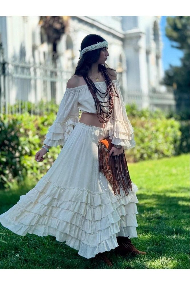 Renkli Bohem Gypsy Fırfırlı Ispanyol Kol Straplez Bluz Etek İkili Takım