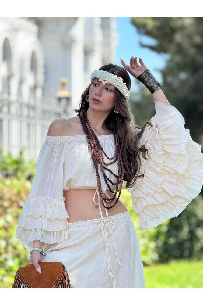 Renkli Bohem Gypsy Fırfırlı Ispanyol Kol Straplez Bluz Etek İkili Takım