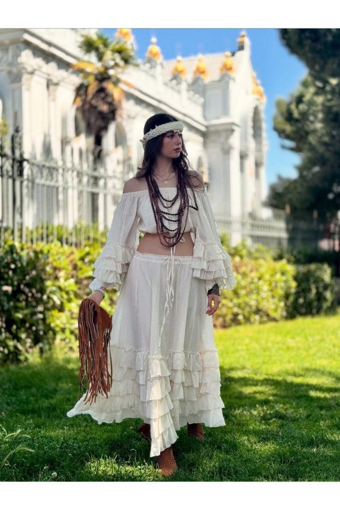 Renkli Bohem Gypsy Fırfırlı Ispanyol Kol Straplez Bluz Etek İkili Takım