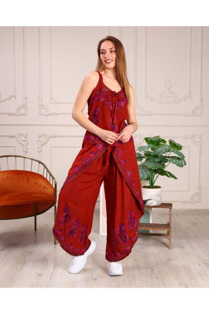 Kiremit Otantik Nakış İşlemeli Harem Şalvar Pantolon Buluz Takım