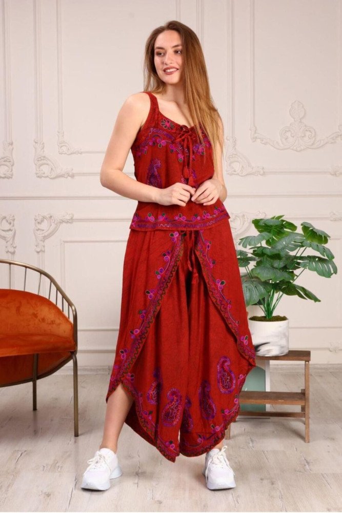 Kiremit Otantik Nakış İşlemeli Harem Şalvar Pantolon Buluz Takım