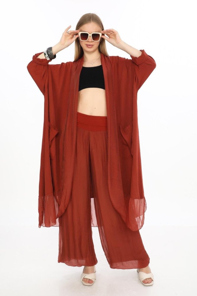 Bordo Itayan İpek Detaylı Oversize Kaftan Pantolon Takım